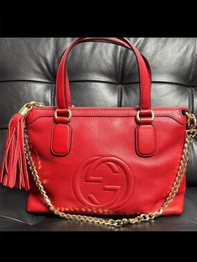 Gucci Soho Red Leather Shoulder Bag with Gold Chain and Leather Tassel